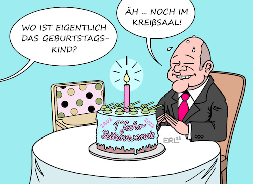 Cartoon: 1 Jahr Zeitenwende (medium) by Erl tagged politik,krieg,angriff,überfall,wladimir,putin,russland,ukraine,reaktion,deutschland,bundeskanzler,olaf,scholz,rede,zeitenwende,ausrüstung,bundeswehr,jahr,ergebnisse,mager,geburtstag,torte,kreißsaal,karikatur,erl,politik,krieg,angriff,überfall,wladimir,putin,russland,ukraine,reaktion,deutschland,bundeskanzler,olaf,scholz,rede,zeitenwende,ausrüstung,bundeswehr,jahr,ergebnisse,mager,geburtstag,torte,kreißsaal,karikatur,erl