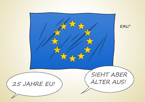 Cartoon: 25 Jahre EU (medium) by Erl tagged eu,europäische,union,vertrag,maastricht,25,jahre,jubiläum,krise,solidarität,flüchtlinge,brexit,rechtspopulismus,frankreich,le,pen,niederlande,wilders,großbritannien,ukip,usa,trump,russland,putin,flagge,falten,alter,karikatur,erl,eu,europäische,union,vertrag,maastricht,25,jahre,jubiläum,krise,solidarität,flüchtlinge,brexit,rechtspopulismus,frankreich,le,pen,niederlande,wilders,großbritannien,ukip,usa,trump,russland,putin,flagge,falten,alter,karikatur,erl