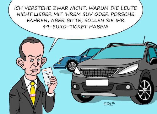 Cartoon: 49-Euro-Ticket (medium) by Erl tagged politik,inflation,klimawandel,ampel,öffentlicher,nahverkehr,nachfolge,euro,ticket,49,länder,bund,verkehrsminister,volker,wissing,fdp,partei,auto,porsche,suv,karikatur,erl,politik,inflation,klimawandel,ampel,öffentlicher,nahverkehr,nachfolge,euro,ticket,49,länder,bund,verkehrsminister,volker,wissing,fdp,partei,auto,porsche,suv,karikatur,erl