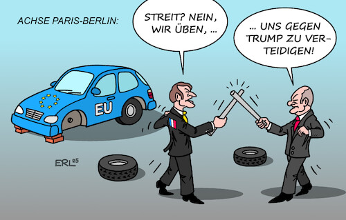 Cartoon: Achse Paris-Berlin (medium) by Erl tagged politik,elysee,vertrag,deutschland,frankreich,macron,scholz,achse,paris,berlin,eu,verteidigung,trump,karikatur,erl,politik,elysee,vertrag,deutschland,frankreich,macron,scholz,achse,paris,berlin,eu,verteidigung,trump,karikatur,erl