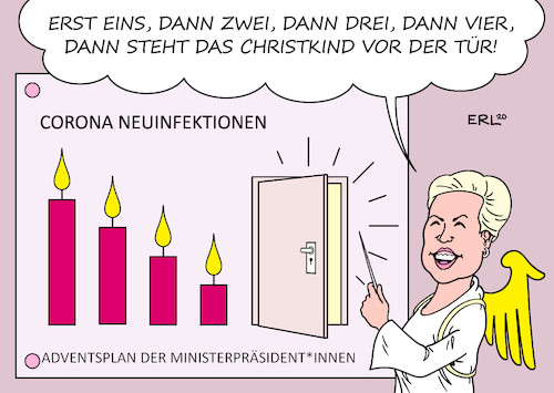 Cartoon: Advent (medium) by Erl tagged politik,corona,virus,pandemie,covid19,zweite,welle,lockdown,light,plan,advent,weihnachten,ministerpräsidentinnen,ministerpräsidenten,manuela,schwesig,treffen,bundeskanzlerin,angela,merkel,christkind,adventskranz,kerzen,gedicht,karikatur,erl,politik,corona,virus,pandemie,covid19,zweite,welle,lockdown,light,plan,advent,weihnachten,ministerpräsidentinnen,ministerpräsidenten,manuela,schwesig,treffen,bundeskanzlerin,angela,merkel,christkind,adventskranz,kerzen,gedicht,karikatur,erl