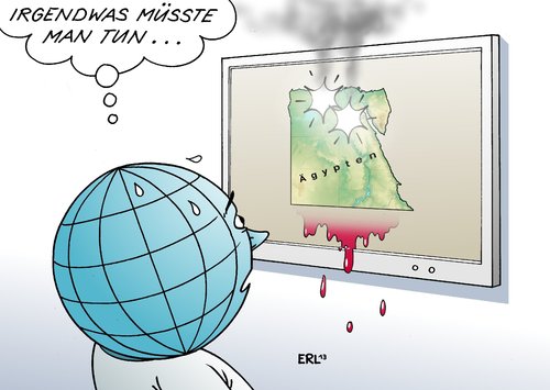 Cartoon: Ägypten Welt (medium) by Erl tagged muslimbrüder,militär,ägypten,mursi,anhänger,konflikt,gewalt,bürgerkrieg,welt,zuschauer,hilfe,ägypten,welt,hilfe