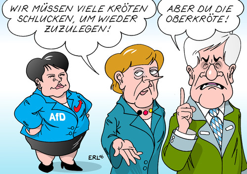 Cartoon: AfD CDU CSU (medium) by Erl tagged erl,karikatur,merkel,seehofer,rechtspopulismus,fett,dick,schlank,dünn,gewicht,schlucken,kröten,kompromiss,obergrenze,forderung,flüchtlinge,flüchtlingspolitik,csu,streit,union,abnahme,cdu,zunahme,steigerung,umfragewerte,afd,afd,umfragewerte,steigerung,zunahme,cdu,abnahme,streir,csu,flüchtlingspolitik,flüchtlinge,forderung,obergrenze,kompromiss,kröten,schlucken,gewicht,dünn,schlank,dick,fett,rechtspopulismus,ministerpräsident,bayern,horst,seehofer,bundeskanzlerin,angela,merkel,karikatur,erl