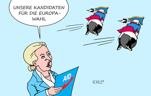 Cartoon: AfD Kandidaten Europawahl (medium) by Erl tagged politik,partei,afd,aufstellung,kandidaten,europawahl,lebenslauf,hochstapler,lügen,lügengeschichten,baron,münchhausen,alice,weidel,karikatur,erl,politik,partei,afd,aufstellung,kandidaten,europawahl,lebenslauf,hochstapler,lügen,lügengeschichten,baron,münchhausen,alice,weidel,karikatur,erl