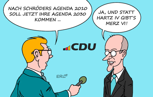 Cartoon: Agenda 2030 (medium) by Erl tagged politik,cdu,merz,agenda,2030,reform,wirtschaft,vorbild,gerhard,schröder,spd,hartz,iv,karikatur,erl,politik,cdu,merz,agenda,2030,reform,wirtschaft,vorbild,gerhard,schröder,spd,hartz,iv,karikatur,erl