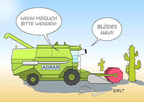 Cartoon: Agrarwende (medium) by Erl tagged politik,klima,klimawandel,erderwärmung,extremwetter,wetter,hitze,dürre,wüste,ernteausfälle,landwirtschaft,bauern,hilfe,forderung,die,grünen,agrarwende,navi,kurs,nachhaltigkeit,massentierhaltung,agrarindustrie,mähdrescher,knochen,sand,kaktus,umwelt,umweltschutz,ökologie,karikatur,erl,politik,klima,klimawandel,erderwärmung,extremwetter,wetter,hitze,dürre,wüste,ernteausfälle,landwirtschaft,bauern,hilfe,forderung,die,grünen,agrarwende,navi,kurs,nachhaltigkeit,massentierhaltung,agrarindustrie,mähdrescher,knochen,sand,kaktus,umwelt,umweltschutz,ökologie,karikatur,erl