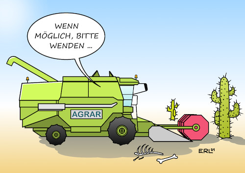 Cartoon: Agrarwende (medium) by Erl tagged politik,landwirtschaft,klima,klimawandel,erderwärmung,artensterben,agrarwende,agrarindustrie,biologisch,klimaschutz,mähdrescher,wüste,karikatur,erl,politik,landwirtschaft,klima,klimawandel,erderwärmung,artensterben,agrarwende,agrarindustrie,biologisch,klimaschutz,mähdrescher,wüste,karikatur,erl