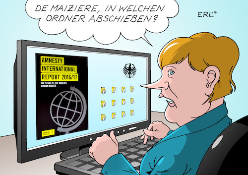 Cartoon: Amnesty Jahresbericht (medium) by Erl tagged amnesty,international,jahresbericht,menschenrechte,verletzung,rechtspopulismus,rechtsextremismus,hass,spaltung,abschottung,egoismus,nationalismus,rassismus,flüchtlinge,bundesregierung,abschiebungen,bundeskanzlerin,angela,merkel,innenminister,thomas,de,maiziere,computer,pc,karikatur,erl,amnesty,international,jahresbericht,menschenrechte,verletzung,rechtspopulismus,rechtsextremismus,hass,spaltung,abschottung,egoismus,nationalismus,rassismus,flüchtlinge,bundesregierung,abschiebungen,bundeskanzlerin,angela,merkel,innenminister,thomas,de,maiziere,computer,pc,karikatur,erl