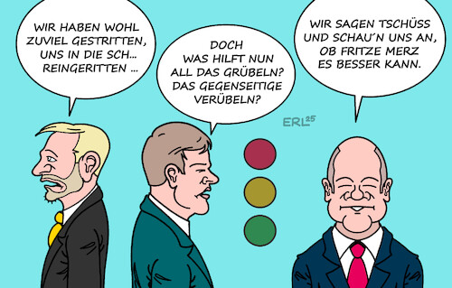 Cartoon: Ampel Abschiedsworte (medium) by Erl tagged politik,bundestagswahl,2025,abwahl,ampel,scholz,habeck,lindner,spd,grüne,fdp,kanzler,merz,karikatur,erl,politik,bundestagswahl,2025,abwahl,ampel,scholz,habeck,lindner,spd,grüne,fdp,kanzler,merz,karikatur,erl