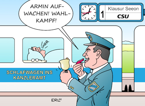 Cartoon: Ankunft Laschet (medium) by Erl tagged politik,partei,cdu,schwesterpartei,csu,klausur,tagung,seeon,gast,kanzlerkandidat,armin,laschet,konkurrent,markus,söder,forderung,angriff,aktion,schlafwagen,kanzleramt,bahnhof,ministerpräsident,bayern,karikatur,erl,politik,partei,cdu,schwesterpartei,csu,klausur,tagung,seeon,gast,kanzlerkandidat,armin,laschet,konkurrent,markus,söder,forderung,angriff,aktion,schlafwagen,kanzleramt,bahnhof,ministerpräsident,bayern,karikatur,erl