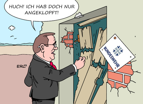 Cartoon: Antrittsbesuch Pistorius (medium) by Erl tagged politik,verteidigungsminister,boris,pistorius,besuch,bundeswehr,zustand,marode,ausrüstung,mangelhaft,anklopfen,tür,haus,karikatur,erl,politik,verteidigungsminister,boris,pistorius,besuch,bundeswehr,zustand,marode,ausrüstung,mangelhaft,anklopfen,tür,haus,karikatur,erl