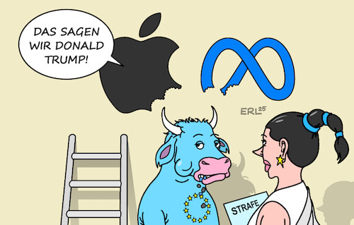 Cartoon: Apple und Meta (medium) by Erl tagged eu,strafe,apple,meta,verstoß,digitalrecht,europa,stier,usa,trump,karikatur,erl,eu,strafe,apple,meta,verstoß,digitalrecht,europa,stier,usa,trump,karikatur,erl