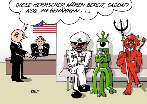 Cartoon: Asyl Gaddafi (medium) by Erl tagged teufel,alien,außerirdischer,herrscher,staat,asyl,überlegung,eu,usa,nato,einsatz,bürgerkrieg,gaddafi,diktator,libyen,libyen,diktator,gaddafi,bürgerkrieg,einsatz,nato,usa,eu,überlegung,asyl,staat,herrscher,außerirdischer,alien,teufel