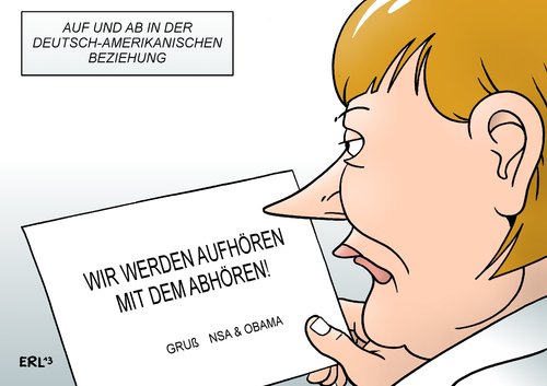 Cartoon: Auf und ab (medium) by Erl tagged usa,geheimdienst,nsa,spionage,überwachung,abhören,skandal,internet,telefon,smartphone,bundeskanzlerin,angela,merkel,politik,regierung,präsident,barack,obama,aussenpolitik,vertrauen,beziehung,deutschland,deutsch,amerikanisch,auf,ab,aufhören,usa,geheimdienst,nsa,spionage,überwachung,abhören,skandal,internet,telefon,smartphone,bundeskanzlerin,angela,merkel,politik,regierung,präsident,barack,obama,aussenpolitik,vertrauen,beziehung,deutschland,deutsch,amerikanisch,auf,ab,aufhören