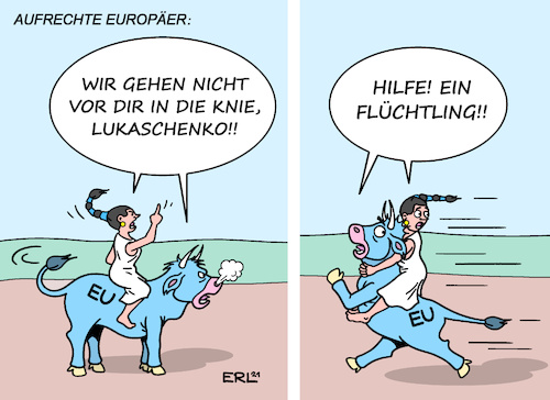 Cartoon: Aufrechte Europäer (medium) by Erl tagged politik,eu,konflikt,belarus,lukaschenko,wahlbetrug,sanktionen,rache,erpressung,flüchtlinge,grenze,polen,europa,stier,werte,flucht,karikatur,erl,politik,eu,konflikt,belarus,lukaschenko,wahlbetrug,sanktionen,rache,erpressung,flüchtlinge,grenze,polen,europa,stier,werte,flucht,karikatur,erl