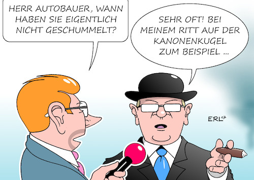 Cartoon: Autobauer (medium) by Erl tagged auto,autobauer,autoindustrie,deutschland,schummelei,diesel,dieselaffäre,manipulation,abgaswerte,software,betrug,grenzwerte,lärm,lärmemission,lüge,wahrheit,baron,münchhausen,ritt,kanonenkugel,frage,medien,karikatur,erl,auto,autobauer,autoindustrie,deutschland,schummelei,diesel,dieselaffäre,manipulation,abgaswerte,software,betrug,grenzwerte,lärm,lärmemission,lüge,wahrheit,baron,münchhausen,ritt,kanonenkugel,frage,medien,karikatur,erl