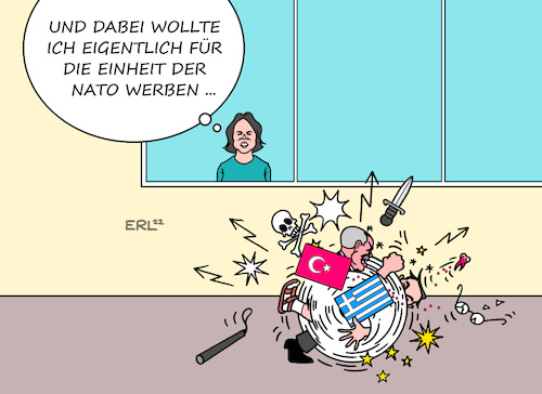 Cartoon: Baerbock-Reise (medium) by Erl tagged politik,außenministerin,annalena,baerbock,reise,griechenland,türkei,konflikte,spannungen,nato,partner,werbung,einheit,krieg,russland,erdogan,mitsotakis,schlägerei,rauferei,karikatur,erl,politik,außenministerin,annalena,baerbock,reise,griechenland,türkei,konflikte,spannungen,nato,partner,werbung,einheit,krieg,russland,erdogan,mitsotakis,schlägerei,rauferei,karikatur,erl