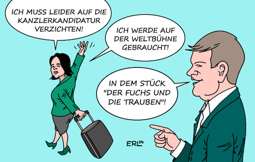 Cartoon: Baerbock (medium) by Erl tagged politik,partei,bündnis90,die,grünen,grüne,außenministerin,baerbock,verzicht,kanzlerkandidatur,begründung,welt,krisen,chancen,gering,reihenfolge,wirtschaftsminister,robert,habeck,fabel,äsop,fuchs,verächtlich,trauben,unereichbar,karikatur,erl,politik,partei,bündnis90,die,grünen,grüne,außenministerin,baerbock,verzicht,kanzlerkandidatur,begründung,welt,krisen,chancen,gering,reihenfolge,wirtschaftsminister,robert,habeck,fabel,äsop,fuchs,verächtlich,trauben,unereichbar,karikatur,erl