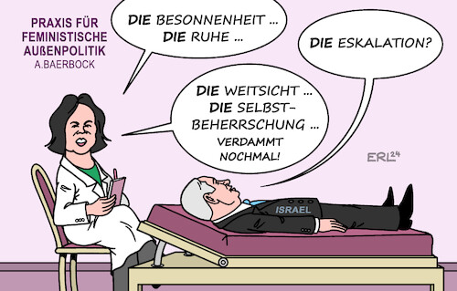 Cartoon: Baerbock Netanjahu (medium) by Erl tagged politik,außenmimisterin,annalena,baerbock,besuch,israel,treffen,ministerpräsident,benjamin,netanjahu,feministische,außenpolitik,ruhe,besonnenheit,angriff,iran,gefahr,eskalation,karikatur,erl,politik,außenmimisterin,annalena,baerbock,besuch,israel,treffen,ministerpräsident,benjamin,netanjahu,feministische,außenpolitik,ruhe,besonnenheit,angriff,iran,gefahr,eskalation,karikatur,erl