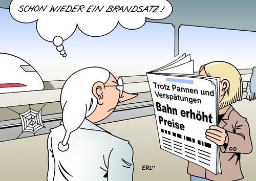 Cartoon: Bahn (medium) by Erl tagged verhältnis,leistung,preis,teuer,ärger,fahrgast,service,panne,verspätung,brandsatz,preiserhöhung,bahn,bahn,preiserhöhung,brandsatz,verspätung,panne,service,fahrgast,ärger,teuer,preis,leistung,verhältnis