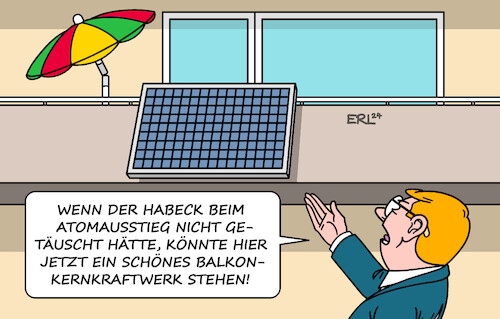 Cartoon: Balkonkraftwerk (medium) by Erl tagged politik,energie,atomkraft,kernkraft,deutschland,ausstieg,vorwurf,mitarbeiter,habeck,verschweigen,fakten,täuschung,beschluss,solarpaket,bundestag,bundesrat,erneuerbare,solarenergie,balkonkraftwerk,balkon,kernkraftwerk,karikatur,erl,politik,energie,atomkraft,kernkraft,deutschland,ausstieg,vorwurf,mitarbeiter,habeck,verschweigen,fakten,täuschung,beschluss,solarpaket,bundestag,bundesrat,erneuerbare,solarenergie,balkonkraftwerk,balkon,kernkraftwerk,karikatur,erl