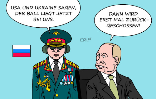 Cartoon: Ball (medium) by Erl tagged politik,krieg,putin,ukraine,gespräch,usa,waffenstillstand,reaktion,russland,ball,schießen,karikatur,erl,politik,krieg,putin,ukraine,gespräch,usa,waffenstillstand,reaktion,russland,ball,schießen,karikatur,erl