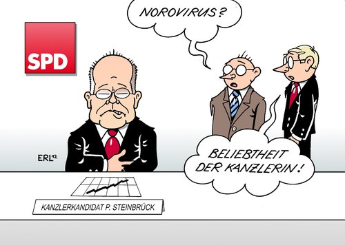 Cartoon: Bauchschmerzen (medium) by Erl tagged spd,kanzlerkandidat,peer,steinbrück,herausforderer,umfrage,beliebtheit,bundeskanzlerin,angela,merkel,bauchschmerzen,norovirus,magen,darm,infekt,spd,kanzlerkandidat,peer,steinbrück,herausforderer,umfrage,beliebtheit,bundeskanzlerin,angela,merkel,bauchschmerzen,norovirus,magen,darm,infekt