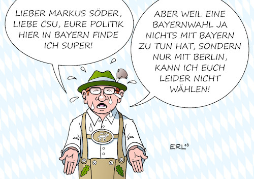 Cartoon: Bayernwahl (medium) by Erl tagged politik,bayern,landtagswahl,csu,umfragen,umfragewerte,umfragetief,ministerpräsident,markus,söder,schuld,berlin,bundespolitik,landespolitik,wähler,karikatur,erl,politik,bayern,landtagswahl,csu,umfragen,umfragewerte,umfragetief,ministerpräsident,markus,söder,schuld,berlin,bundespolitik,landespolitik,wähler,karikatur,erl