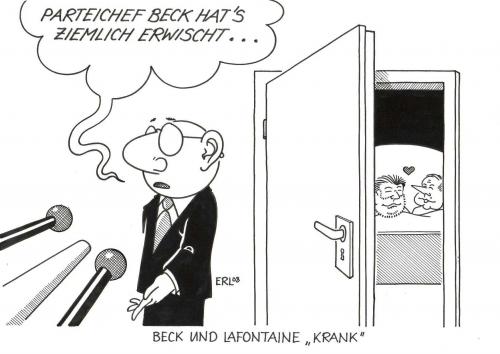 Cartoon: Beck und Lafontaine (medium) by Erl tagged spd,die,linke,german,politicians,,spd,die,linke,german,kurt,beck,oskar,lafontaine,kommunismus,koalition,rot,bündnis,wahlen,versprechen,lügen,presse,oskar lafontaine,kurt beck