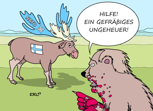 Cartoon: Bedrohung für den Bären (medium) by Erl tagged politik,krieg,angriff,überfall,russland,ukraine,reaktion,finnland,beitritt,nato,wladimir,putin,bedrohung,ungeheuer,elch,fressen,bär,karikatur,erl,politik,krieg,angriff,überfall,russland,ukraine,reaktion,finnland,beitritt,nato,wladimir,putin,bedrohung,ungeheuer,elch,fressen,bär,karikatur,erl