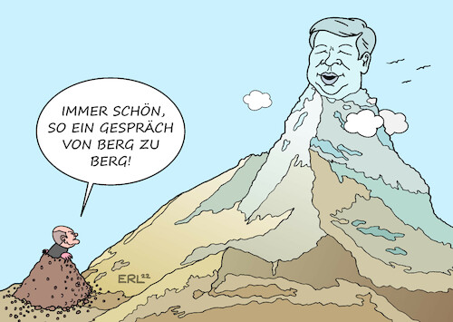 Cartoon: Begegnung auf Augenhöhe (medium) by Erl tagged politik,bundeskanzler,olaf,scholz,besuch,china,xi,jinping,größe,unterschied,berg,maulwurfshügel,maulwurf,karikatur,erl,politik,bundeskanzler,olaf,scholz,besuch,china,xi,jinping,größe,unterschied,berg,maulwurfshügel,maulwurf,karikatur,erl