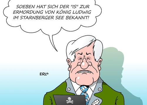 Cartoon: Bekennerschreiben (medium) by Erl tagged terror,terrorismus,anschlag,bayern,zug,axt,stichwaffe,hintergrund,islamismus,bekenntnis,is,islamischer,staat,zweifel,könig,ludwig,starnberger,see,ministerpräsident,seehofer,karikatur,erl,terror,terrorismus,anschlag,bayern,zug,axt,stichwaffe,hintergrund,islamismus,bekenntnis,is,islamischer,staat,zweifel,könig,ludwig,starnberger,see,ministerpräsident,seehofer,karikatur,erl