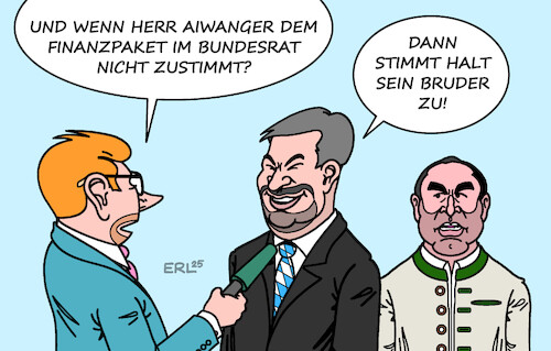 Cartoon: Bewährte Methode (medium) by Erl tagged politik,koalition,union,spd,finanzpaket,zustimmung,bundesrat,csu,söder,freie,wähler,bayern,aiwanger,bruder,karikatur,erl,politik,koalition,union,spd,finanzpaket,zustimmung,bundesrat,csu,söder,freie,wähler,bayern,aiwanger,bruder,karikatur,erl