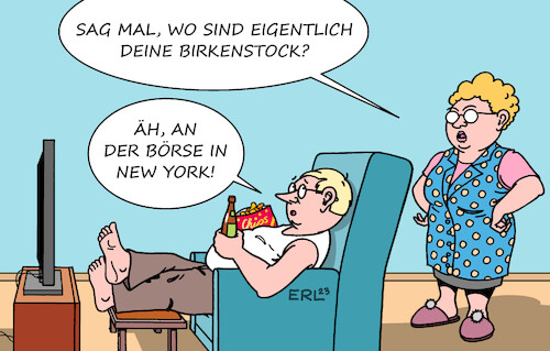 Cartoon: Birkenstock (medium) by Erl tagged politik,wirtschaft,finanzen,börse,new,york,birkenstock,hersteller,deutschland,sandalen,pantoffeln,hausschuhe,trend,usa,karikatur,erl,politik,wirtschaft,finanzen,börse,new,york,birkenstock,hersteller,deutschland,sandalen,pantoffeln,hausschuhe,trend,usa,karikatur,erl