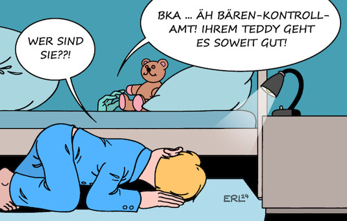 Cartoon: BKA-Befugnisse (medium) by Erl tagged politik,kriminalität,verbrechen,terrorismus,vorschlag,innenminister,nancy,faeser,erweiterung,befugnisse,bka,bundeskriminalamt,durchsuchung,wohnung,terrorverdacht,bett,teddybär,karikatur,erl,politik,kriminalität,verbrechen,terrorismus,vorschlag,innenminister,nancy,faeser,erweiterung,befugnisse,bka,bundeskriminalamt,durchsuchung,wohnung,terrorverdacht,bett,teddybär,karikatur,erl