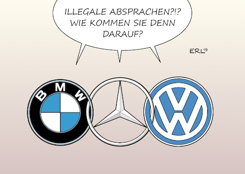 Cartoon: BMW Daimler VW (medium) by Erl tagged politik,automobil,auto,autobauer,autokonzerne,bmw,daimler,volkswagen,vw,vorwurf,illegale,absprachen,abgas,abgasreinigung,eu,wettbewerbshüter,kartellverfahren,karikatur,erl,politik,automobil,auto,autobauer,autokonzerne,bmw,daimler,volkswagen,vw,vorwurf,illegale,absprachen,abgas,abgasreinigung,eu,wettbewerbshüter,kartellverfahren,karikatur,erl