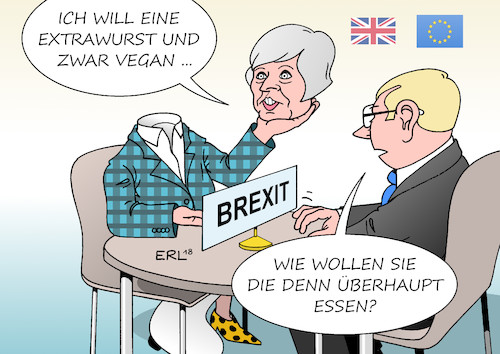 Cartoon: Brexit (medium) by Erl tagged politik,brexit,austritt,grossbritannien,eu,premierministerin,theresa,may,forderungen,utopie,chaos,unsicherheit,rückhalt,parlament,konservative,partei,tories,hardliner,brexiteers,extrawurst,vegan,verlängerung,übergang,karikatur,erl,politik,brexit,austritt,grossbritannien,eu,premierministerin,theresa,may,forderungen,utopie,chaos,unsicherheit,rückhalt,parlament,konservative,partei,tories,hardliner,brexiteers,extrawurst,vegan,verlängerung,übergang,karikatur,erl