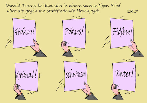 Cartoon: Brief von Trump (medium) by Erl tagged politik,usa,impeachment,präsident,donald,trump,brief,demokraten,nancy,pelosi,beschwerde,hexenjagd,zauberspruch,hokus,pokus,fidibus,karikatur,erl,politik,usa,impeachment,präsident,donald,trump,brief,demokraten,nancy,pelosi,beschwerde,hexenjagd,zauberspruch,hokus,pokus,fidibus,karikatur,erl