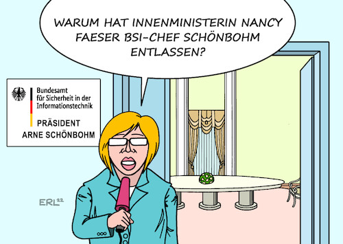 Cartoon: BSI-Präsident (medium) by Erl tagged politik,innenministerin,nancy,faeser,spd,entlassung,abberufung,präsident,bundesamt,für,sicherheit,in,der,informationstechnik,bsi,arne,schönbohm,nähe,lobby,verein,russland,geheimdienst,kreise,krieg,wladimir,putin,ukraine,cyberattacken,tisch,karikatur,erl,politik,innenministerin,nancy,faeser,spd,entlassung,abberufung,präsident,bundesamt,für,sicherheit,in,der,informationstechnik,bsi,arne,schönbohm,nähe,lobby,verein,russland,geheimdienst,kreise,krieg,wladimir,putin,ukraine,cyberattacken,tisch,karikatur,erl