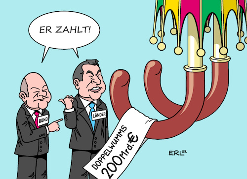 Cartoon: Bund-Länder-Treffen (medium) by Erl tagged politik,krieg,russland,ukraine,energie,gas,knappheit,verteuerung,entlastungspaket,schutzschirm,abwehrschirm,schirm,bundeskanzler,olaf,scholz,wumms,doppelwumms,bund,länder,treffen,ministerpräsidenten,ministerpräsidentinnen,streit,bezahhlung,finanzierung,bayern,markus,söder,csu,karikatur,erl,politik,krieg,russland,ukraine,energie,gas,knappheit,verteuerung,entlastungspaket,schutzschirm,abwehrschirm,schirm,bundeskanzler,olaf,scholz,wumms,doppelwumms,bund,länder,treffen,ministerpräsidenten,ministerpräsidentinnen,streit,bezahhlung,finanzierung,bayern,markus,söder,csu,karikatur,erl