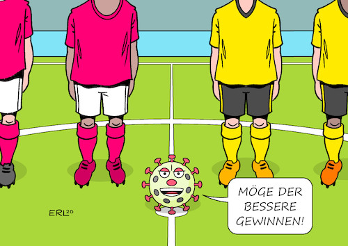 Cartoon: Bundesliga (medium) by Erl tagged politik,sport,corona,pandemie,kontaktverbot,diskussion,lockerung,fußball,bundesliga,spiele,spielbetrieb,ball,virus,ansteckung,spieler,karikatur,erl,politik,sport,corona,pandemie,kontaktverbot,diskussion,lockerung,fußball,bundesliga,spiele,spielbetrieb,ball,virus,ansteckung,spieler,karikatur,erl