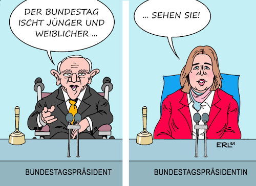 Cartoon: Bundestag (medium) by Erl tagged politik,wahl,bundestagswahl,2021,konstituierung,neu,bundestag,jünger,weiblicher,bundestagspräsident,wolfgang,schäuble,cdu,bundestagspräsidentin,bärbel,bas,spd,karikatur,erl,politik,wahl,bundestagswahl,2021,konstituierung,neu,bundestag,jünger,weiblicher,bundestagspräsident,wolfgang,schäuble,cdu,bundestagspräsidentin,bärbel,bas,spd,karikatur,erl