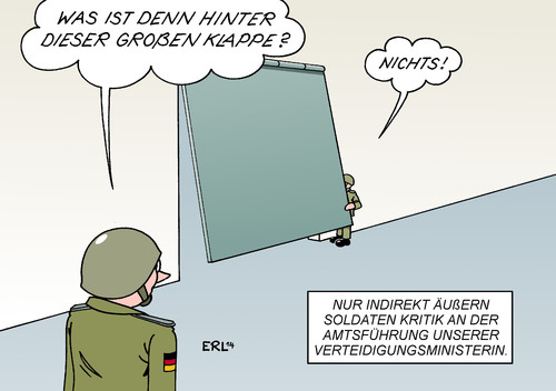 Cartoon: Bundeswehr (medium) by Erl tagged verteidigungsministerin,ursula,von,der,leyen,ankündigung,pr,selbstdarstellung,worte,konkret,ergebnis,taten,wenig,große,klappe,nichts,dahinter,redewendung,bundeswehr,soldaten,kritik,verteidigungsministerin,ursula,von,der,leyen,ankündigung,pr,selbstdarstellung,worte,konkret,ergebnis,taten,wenig,große,klappe,nichts,dahinter,redewendung,bundeswehr,soldaten,kritik