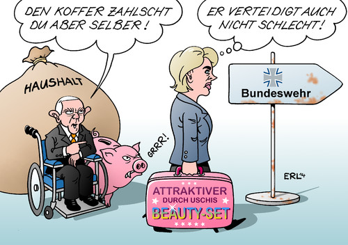 Cartoon: Bundeswehr (medium) by Erl tagged bundeswehr,arbeitgeber,attraktiv,arbeitszeit,bezahlung,komfort,schönheit,beauty,koffer,uschi,verteidigungsministerin,ursula,von,der,leyen,kosten,geld,finanzminister,wolfgang,schäuble,haushalt,verteidigung,sparschwein,bundeswehr,arbeitgeber,attraktiv,arbeitszeit,bezahlung,komfort,schönheit,beauty,koffer,uschi,verteidigungsministerin,ursula,von,der,leyen,kosten,geld,finanzminister,wolfgang,schäuble,haushalt,verteidigung,sparschwein