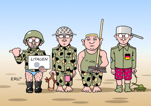 Cartoon: Bundeswehr (medium) by Erl tagged politik,bundeswehr,ausrüstung,mängel,einsatz,nato,ausland,auslandseinsätze,risiko,verteidigungsministerin,ursula,von,der,leyen,cdu,flug,litauen,transportflugzeug,a400m,schaden,panne,soldat,soldaten,karikatur,erl,bundeswehr,ausrüstung,mängel