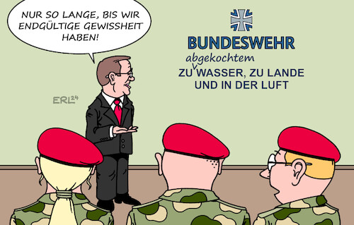 Cartoon: Bundeswehr Wasser (medium) by Erl tagged politik,militär,verteidigung,bundeswehr,sabotage,kaserne,verdacht,wasserversorgung,trinkwasser,kontamination,zu,wasser,lande,luft,vorsicht,maßnahme,abkochen,verteidigungsminister,boris,pistorius,soldatin,soldat,soldatinnen,soldaten,karikatur,erl,politik,militär,verteidigung,bundeswehr,sabotage,kaserne,verdacht,wasserversorgung,trinkwasser,kontamination,zu,wasser,lande,luft,vorsicht,maßnahme,abkochen,verteidigungsminister,boris,pistorius,soldatin,soldat,soldatinnen,soldaten,karikatur,erl