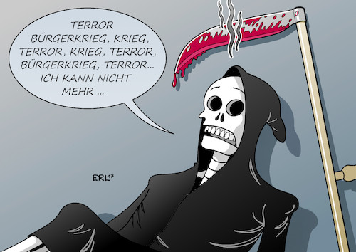 Cartoon: Burnout (medium) by Erl tagged bürgerkrieg,krieg,terror,tod,gewalt,syrien,stockholm,sankt,petersburg,berlin,nizza,brüssel,paris,istanbul,madrid,london,burnout,überlastung,depression,erschöpfung,blut,sense,psychologie,psychiatrie,erkrankung,karikatur,erl,bürgerkrieg,krieg,terror,tod,gewalt,syrien,stockholm,sankt,petersburg,berlin,nizza,brüssel,paris,istanbul,madrid,london,burnout,überlastung,depression,erschöpfung,blut,sense,psychologie,psychiatrie,erkrankung,karikatur,erl