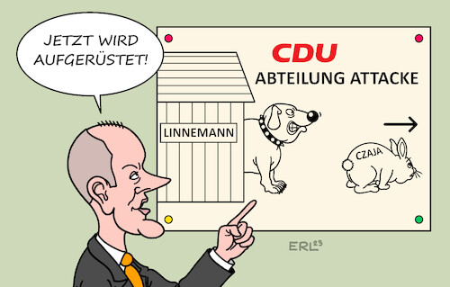 Cartoon: CDU-Zeitenwende (medium) by Erl tagged politik,cdu,vorsitz,friedrich,merz,austausch,generalsekretär,mario,czaja,carsten,linnemann,abteilung,attacke,wadenbeißer,aufrüstung,zeitenwende,kaninchen,karikatur,erl,politik,cdu,vorsitz,friedrich,merz,austausch,generalsekretär,mario,czaja,carsten,linnemann,abteilung,attacke,wadenbeißer,aufrüstung,zeitenwende,kaninchen,karikatur,erl