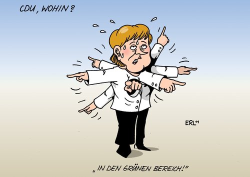 Cartoon: CDU (medium) by Erl tagged cdu,richtung,wahl,niederlage,stimmenverlust,bundeskanzlerin,vorsitzende,angela,merkel,orientierung,grün,grüne,cdu,richtung,wahl,wahlen,stimmenverlust,bundeskanzlerin,vorsitzende,merkel,orientierung,grün,grüne