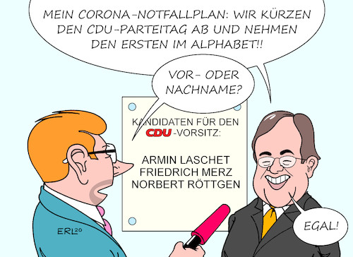 Cartoon: CDU Corona Notfallplan (medium) by Erl tagged politik,cdu,suche,vorsitz,kandidaten,armin,laschet,friedrich,merz,norbert,röttgen,corona,virus,pandemie,verschiebung,april,dezember,zweite,welle,notfallplan,annegret,kramp,karrenbauer,akk,karikatur,erl,politik,cdu,suche,vorsitz,kandidaten,armin,laschet,friedrich,merz,norbert,röttgen,corona,virus,pandemie,verschiebung,april,dezember,zweite,welle,notfallplan,annegret,kramp,karrenbauer,akk,karikatur,erl